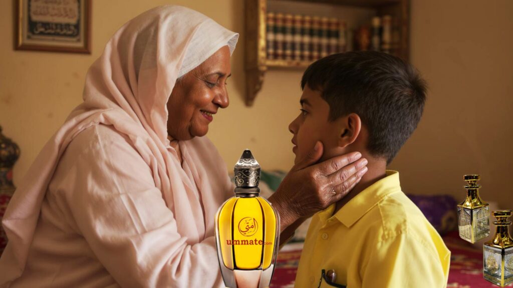 Elderly Muslim mother dabbing attar on young boy’s neck before madrasa