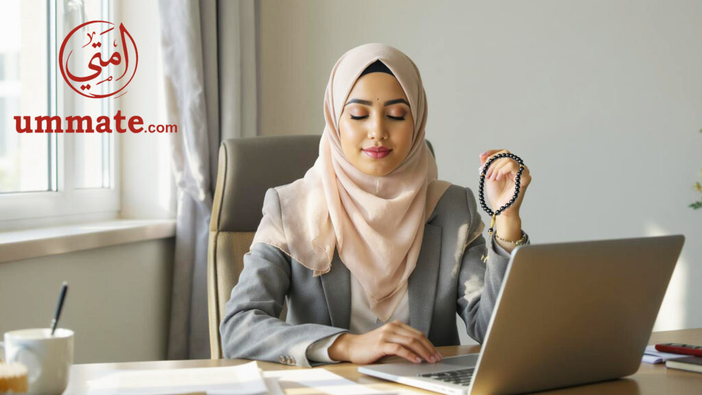 A busy Muslim professional finds calm through dhikr and a tasbeeh (Beads) in the middle of her chaotic workday.